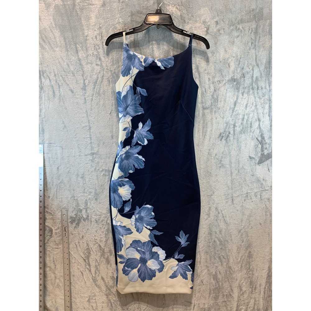 Donna Karan New York Navy Blue Floral Midi Sheath Dress KA4M32E1 Size 2
